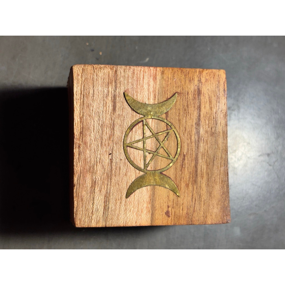 Small Acacia Wooden velvety lined Box with brass Triple Moon Goddess Symbol